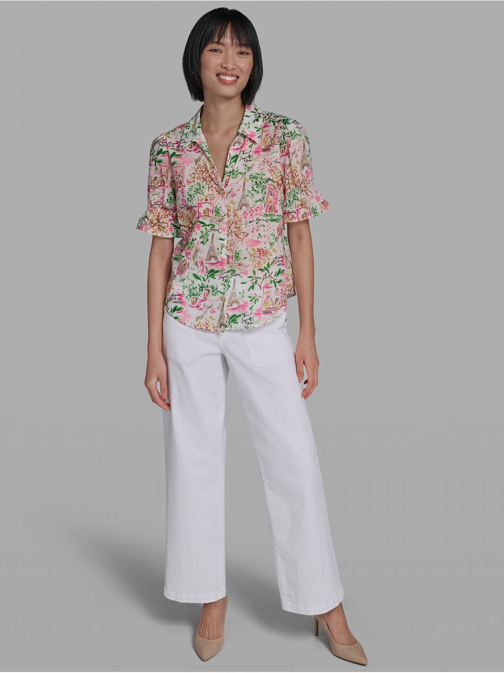 Karl Lagerfeld Flutter Sleeve Floral Shirt - Picture 3 of 5